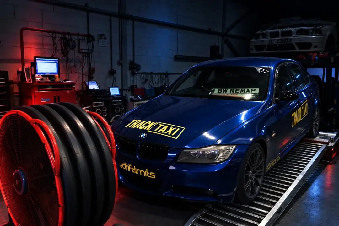 BMW E90 3 Series on our rolling road beside the cooling fan